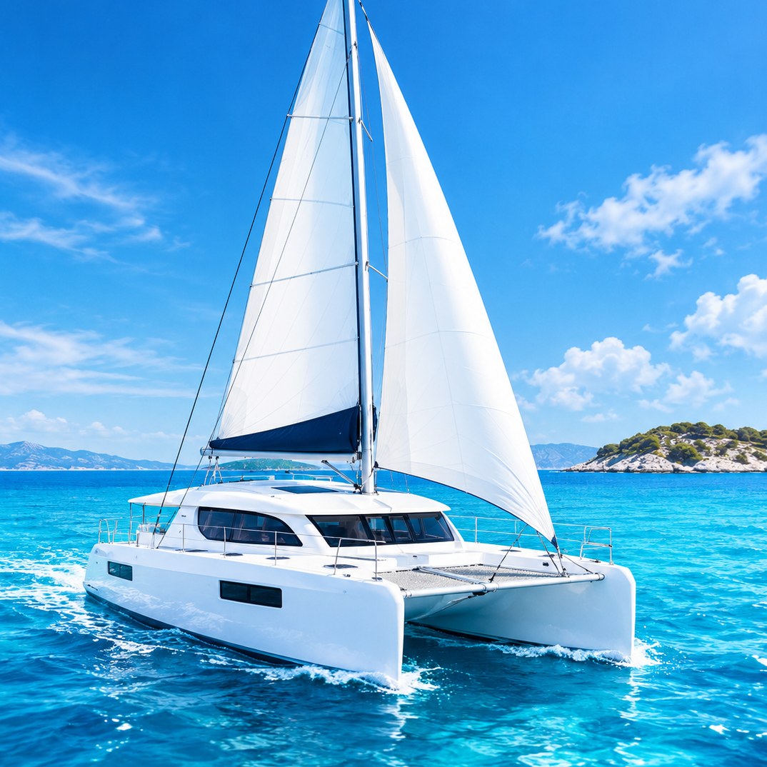 Catamarán blanco navegando en aguas turquesas
